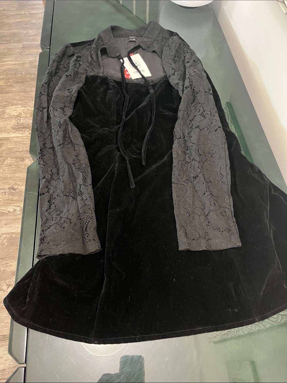 Cider Black Velvet Slip Dress with Lace Sleeves